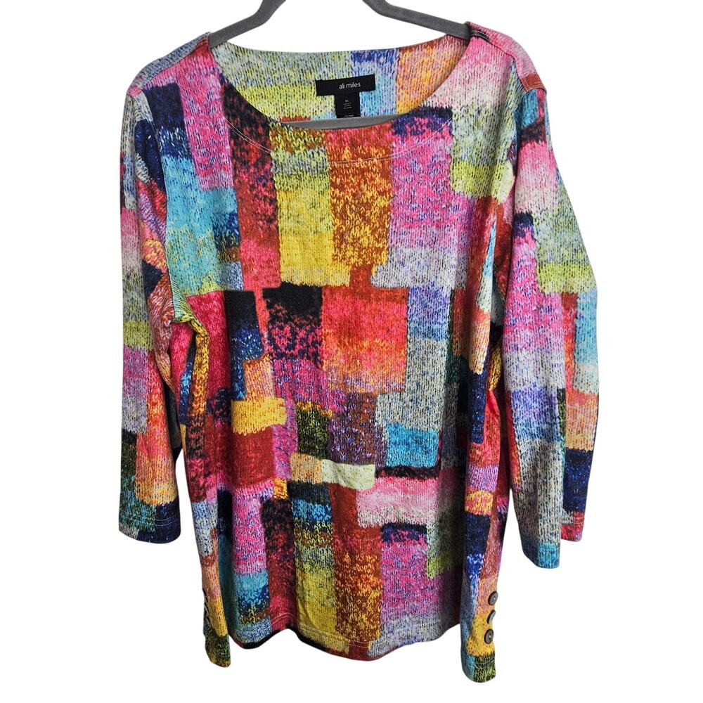 Ali Miles Womens Artsy Lagenlook Geometric Tunic Top XL Boho Whimsical Stretch